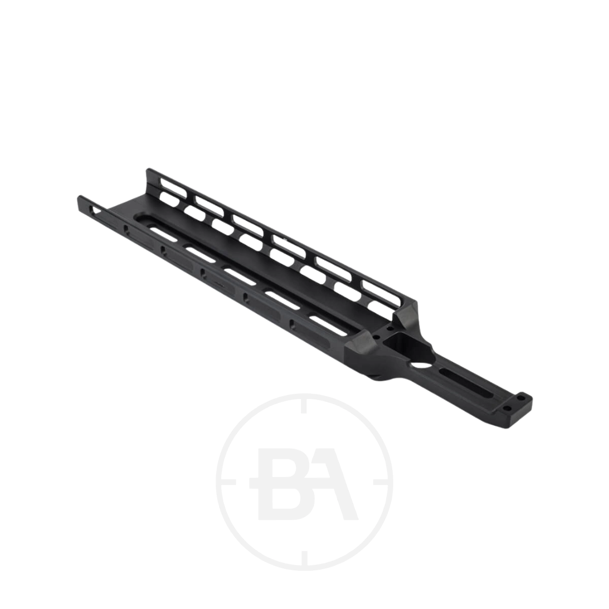 Daystate Delta Wolf M-LOK/ARCA Forend Rail 1 The Daystate Delta Wolf M-LOK/ARCA Forend Rail is a black metal rail with multiple cut-outs and slots for accessory attachment, shown on a white background.