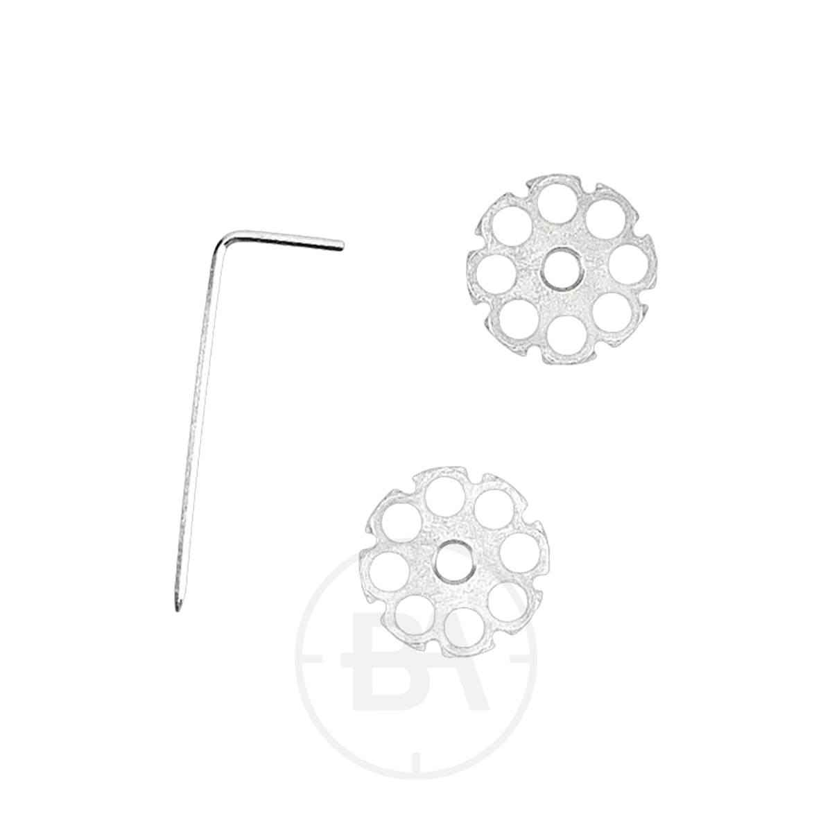 Beretta M92 FS CO2 Pistol With Hard Case 12 Two silver circular metal pieces with eight holes each, made for the Beretta MOD. 92 FS CO2 Pistol, are shown beside a small L-shaped hex key on a white background.