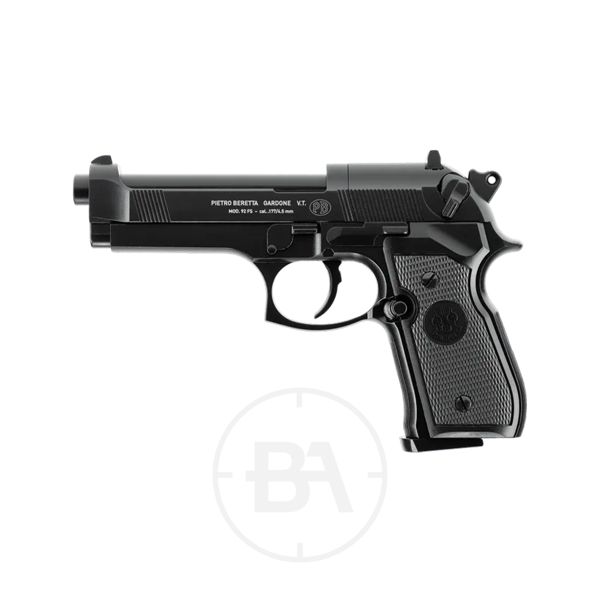 Beretta M92 FS CO2 Pistol With Hard Case 1 A black Beretta MOD. 92 FS CO2 Pistol displayed in side profile against a white background.