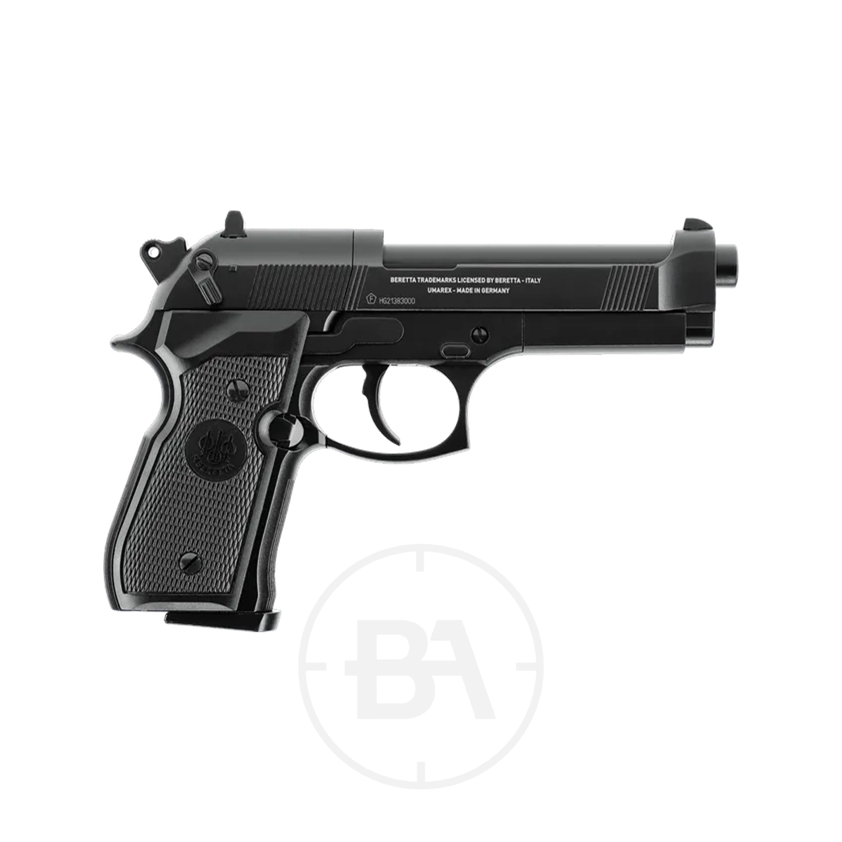 Beretta M92 FS CO2 Pistol With Hard Case 3 A black Beretta MOD. 92 FS CO2 Pistol is shown from the side, displaying its grip, trigger, and barrel against a white background with a faint circular "BA" watermark.
