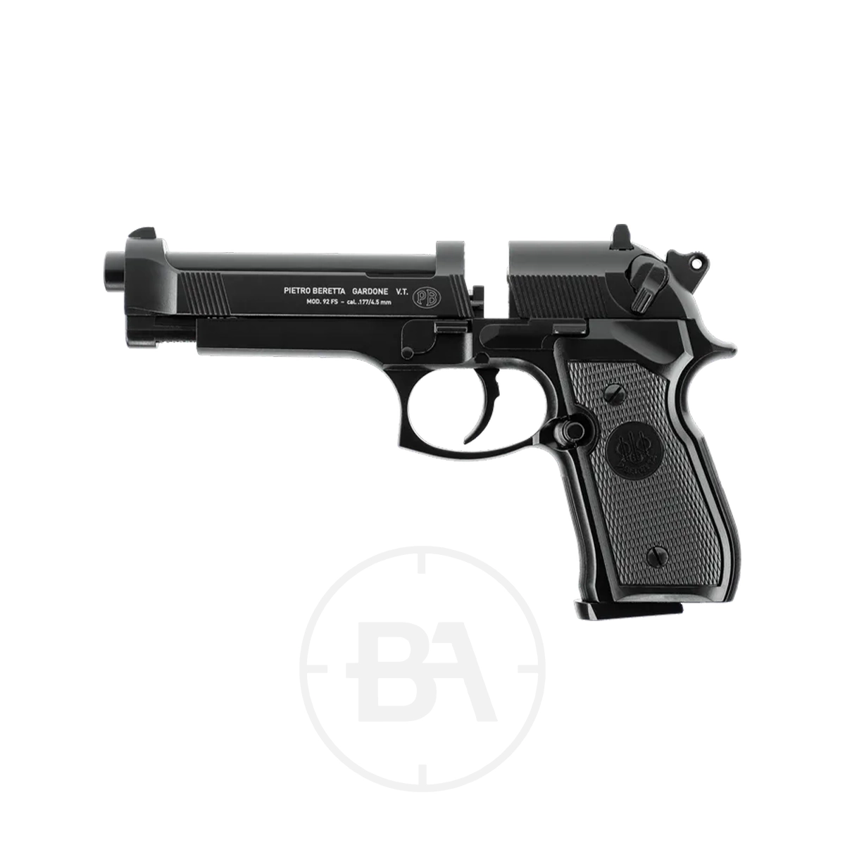 Beretta M92 FS CO2 Pistol With Hard Case 4 A black Beretta MOD. 92 FS CO2 Pistol with the slide locked open, revealing the chamber and barrel, is displayed on a plain white background.