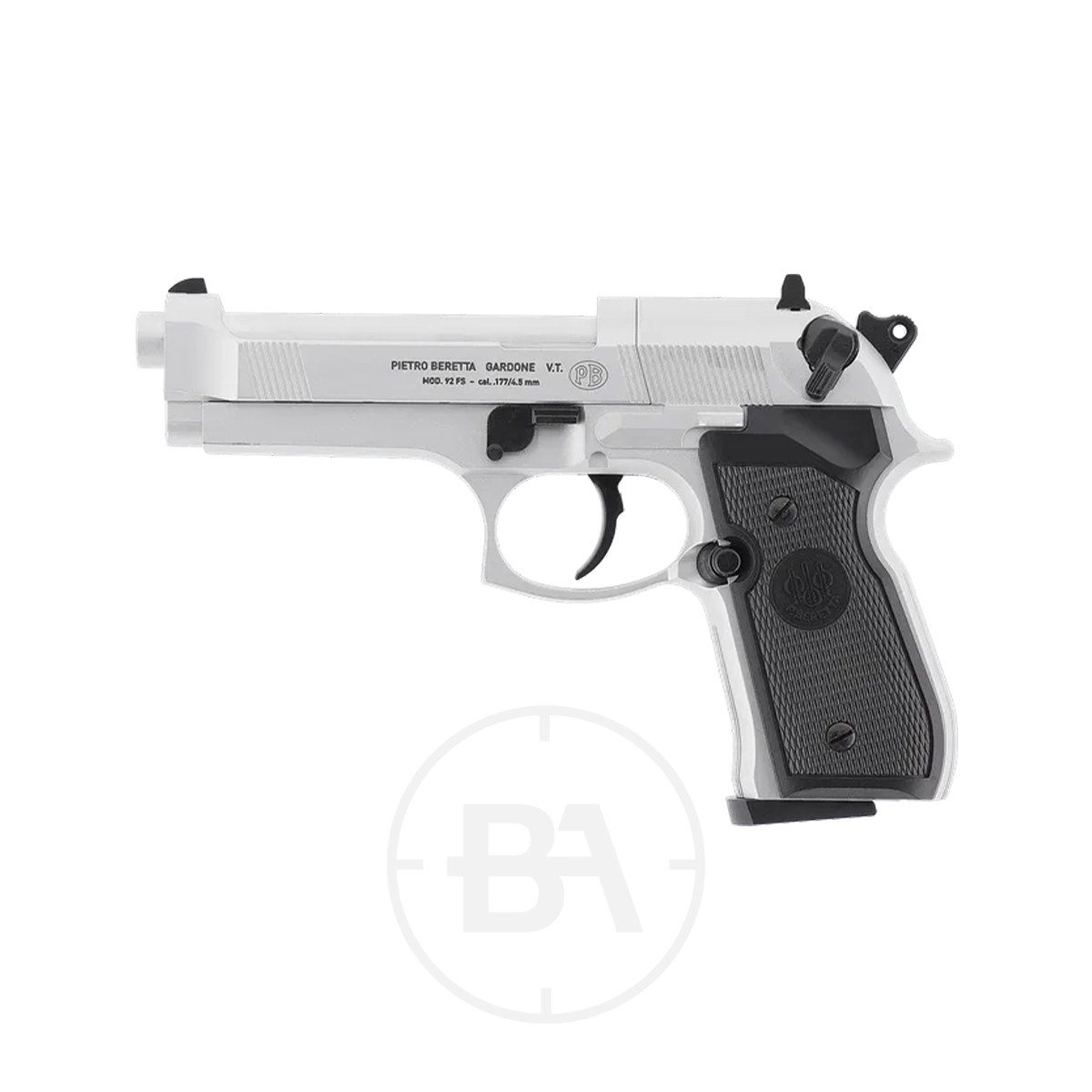 Beretta M92 FS CO2 Pistol With Hard Case 5 The Beretta MOD. 92 FS CO2 Pistol, featuring a silver and black finish with a textured grip, is displayed facing left on a white background. The Beretta logo and engraved slide text are visible.