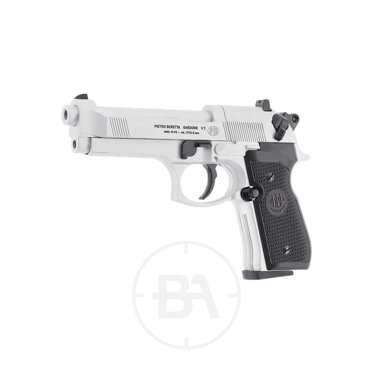 Beretta M92 FS CO2 Pistol With Hard Case 7 A Beretta MOD. 92 FS CO2 Pistol in silver and black with textured grips, shown side-on against a white background. The Beretta branding and model details are visible on the slide.