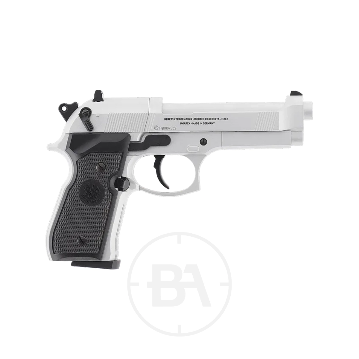 Beretta M92 FS CO2 Pistol With Hard Case 6 The Beretta MOD. 92 FS CO2 Pistol, shown in black and white with a textured grip, is displayed in profile on a plain white background with a faint "BA" watermark underneath.