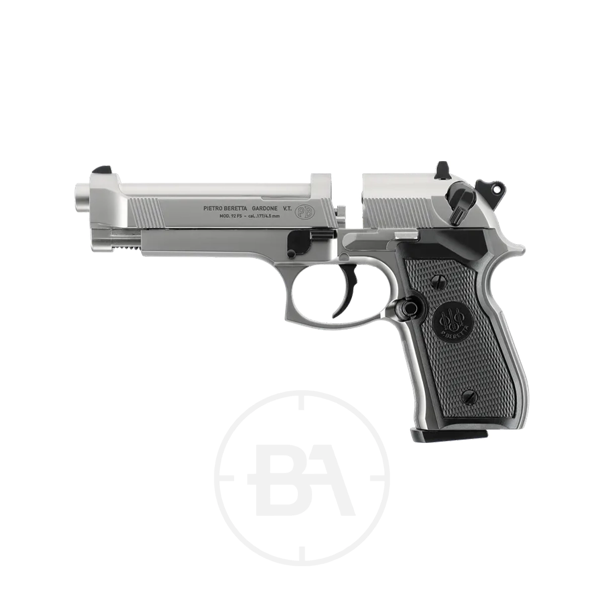 Beretta M92 FS CO2 Pistol With Hard Case 8 A silver and black Beretta MOD. 92 FS CO2 Pistol is shown with the slide locked back, revealing its barrel and chamber, displayed against a plain white background.