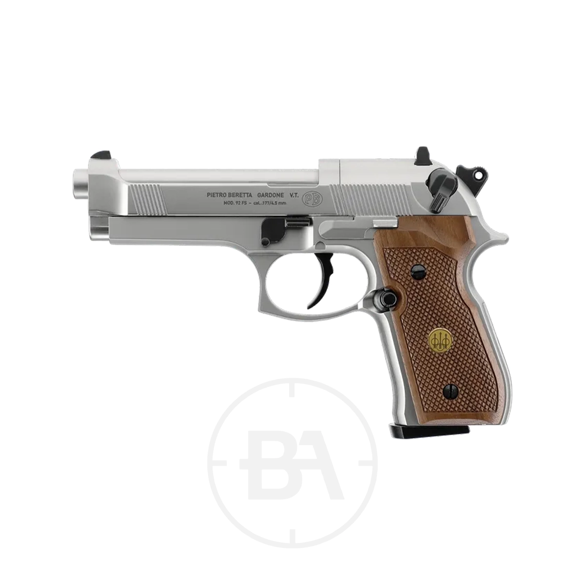 Beretta M92 FS CO2 Pistol With Hard Case 9 A Beretta MOD. 92 FS CO2 Pistol in silver and brown with wooden grips, shown from the left side on a white background.