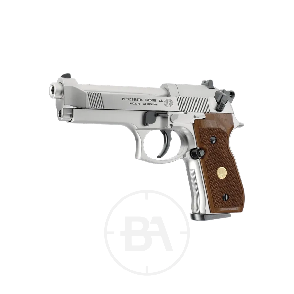 Beretta M92 FS CO2 Pistol With Hard Case 10 A Beretta MOD. 92 FS CO2 Pistol with a silver finish and brown textured grip is shown on a white background, featuring visible side markings and the logo on the metal slide.