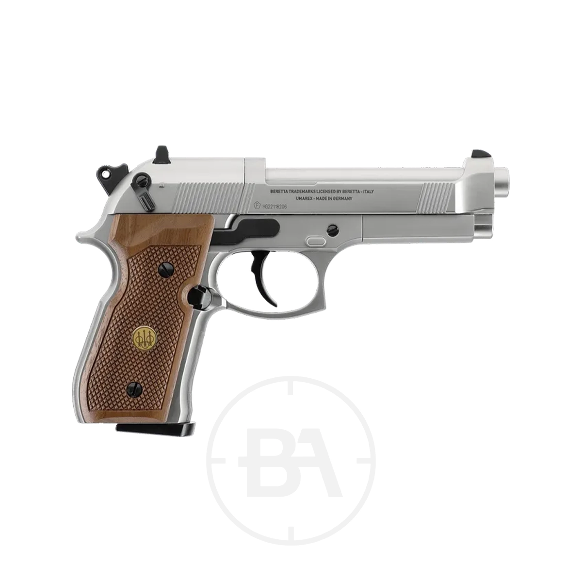 Beretta M92 FS CO2 Pistol With Hard Case 11 A silver Beretta MOD. 92 FS CO2 Pistol with light brown textured grip panels is shown from the side on a white background.