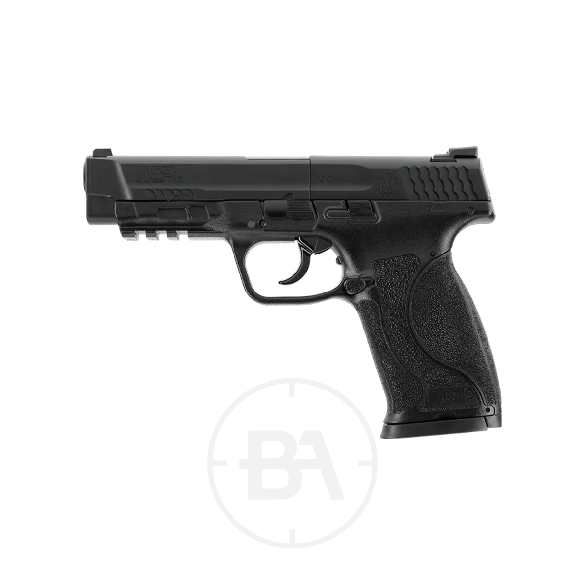 Smith & Wesson M&P 45 M2.0 CO2 Pistol 1 A Smith & Wesson M&P 45 M2.0 CO2 Pistol in black is shown in side profile against a plain white background.