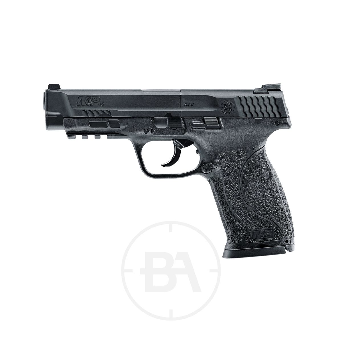 Smith & Wesson M&P 45 M2.0 CO2 Pistol 1 The Smith & Wesson M&P45 M2.0 CO2 Pistol, in black, is displayed in a side profile view against a white background.
