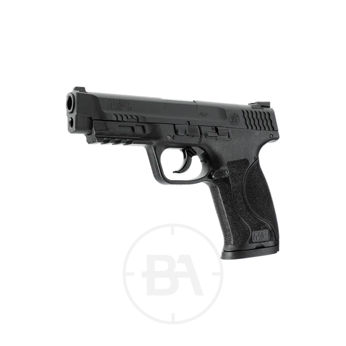 Smith & Wesson M&P 45 M2.0 CO2 Pistol 2 A black Smith & Wesson M&P 45 M2.0 CO2 pistol with a textured grip is angled to the left and shown on a plain white background.