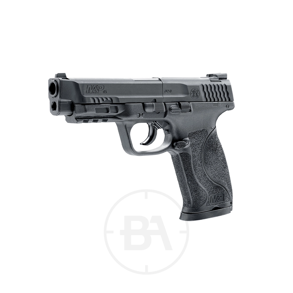 Smith & Wesson M&P 45 M2.0 CO2 Pistol 3 A black Smith & Wesson M&P45 M2.0 CO2 Pistol is shown with a textured grip, angled to the left against a plain white background.