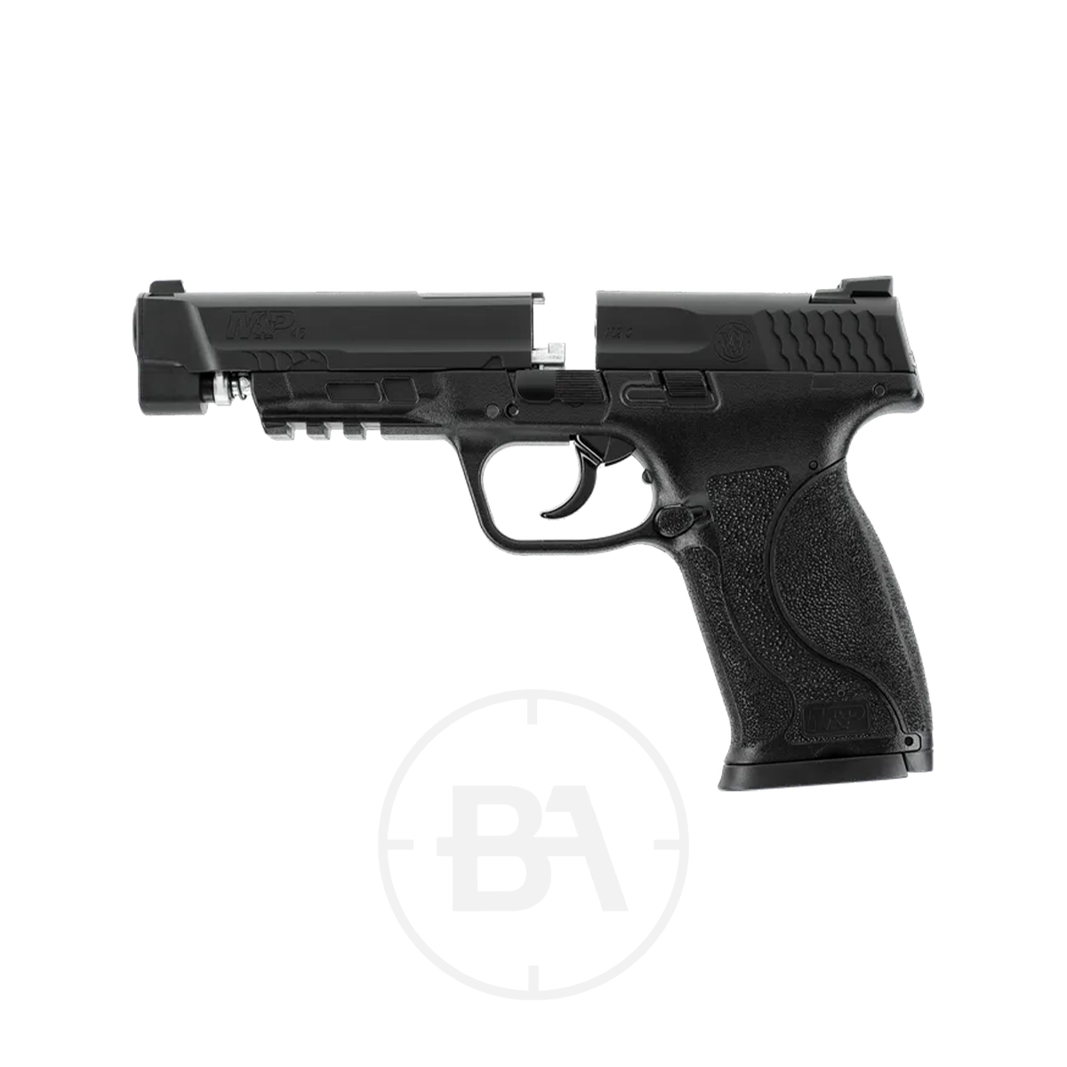 Smith & Wesson M&P 45 M2.0 CO2 Pistol 3 A black Smith & Wesson M&P 45 M2.0 CO2 Pistol with its slide locked open, revealing the barrel and internal mechanism, is displayed on a white background.