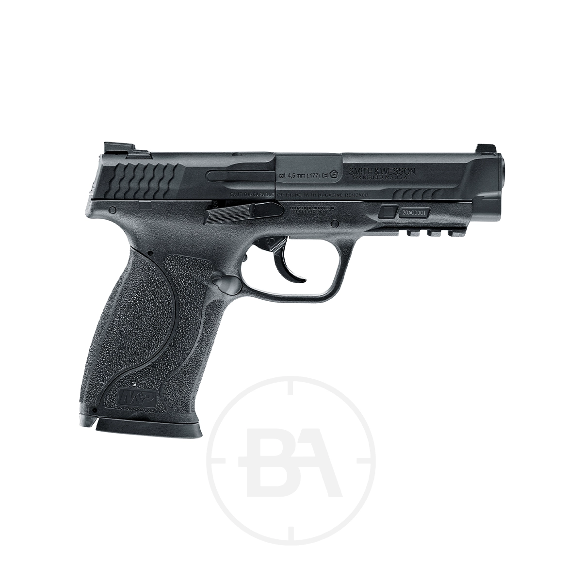 Smith & Wesson M&P 45 M2.0 CO2 Pistol 5 A Smith & Wesson M&P45 M2.0 CO2 Pistol in black, featuring a textured grip, is displayed in side profile against a plain white background.