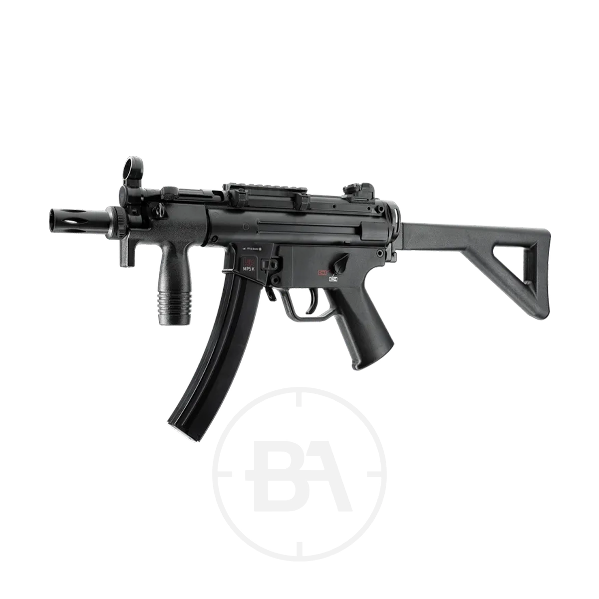 Heckler & Koch MP5 K-PDW C02 BB Air Rifle 7 The Heckler & Koch MP5 CO2 Air Rifle is shown with a folded stock, vertical foregrip, and curved magazine against a white background, closely resembling the iconic sub-machine gun.