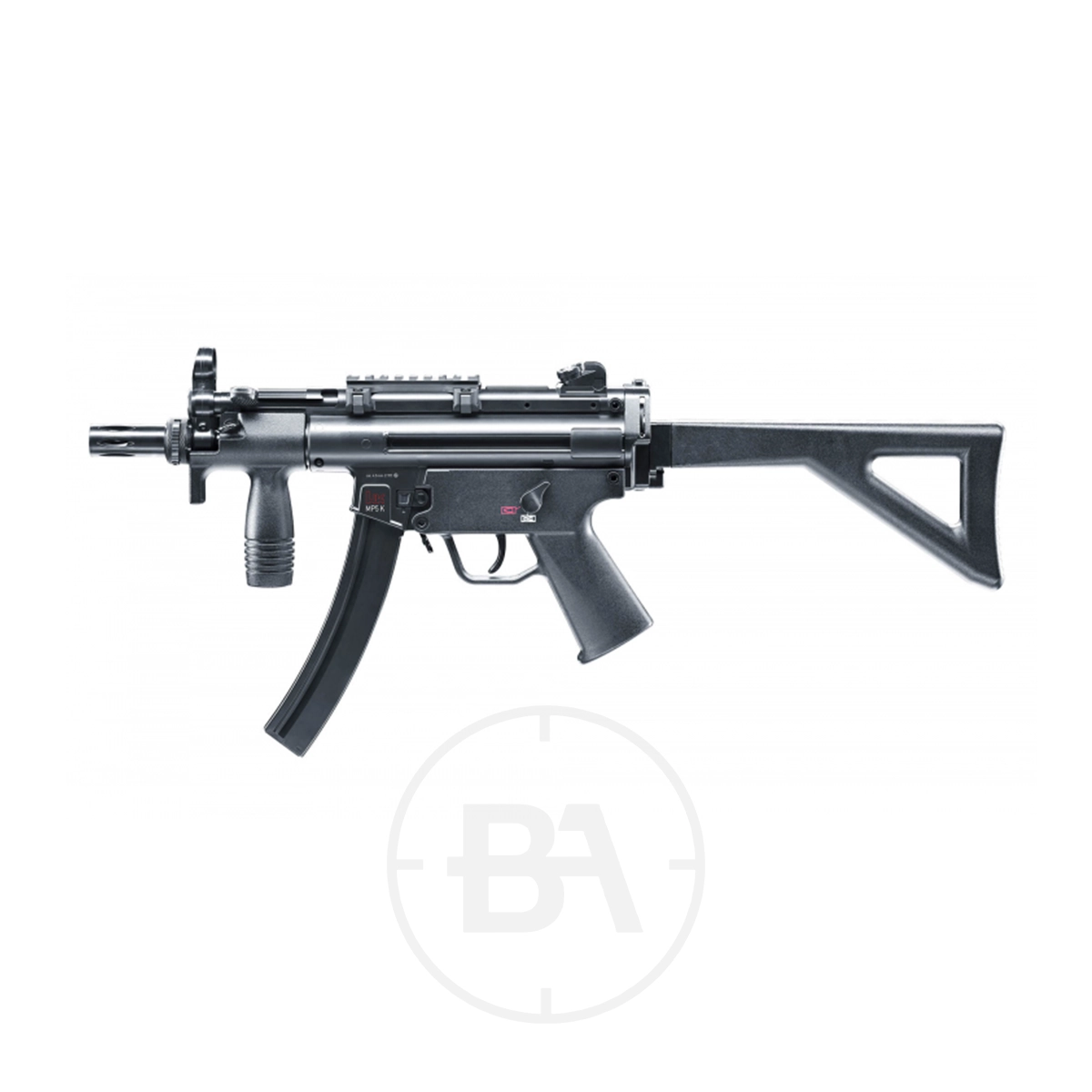 Heckler & Koch MP5 K-PDW C02 BB Air Rifle 3 The Heckler & Koch MP5 CO2 Air Rifle is a compact black airgun with a folding stock, vertical foregrip, and curved magazine, shown against a white background.