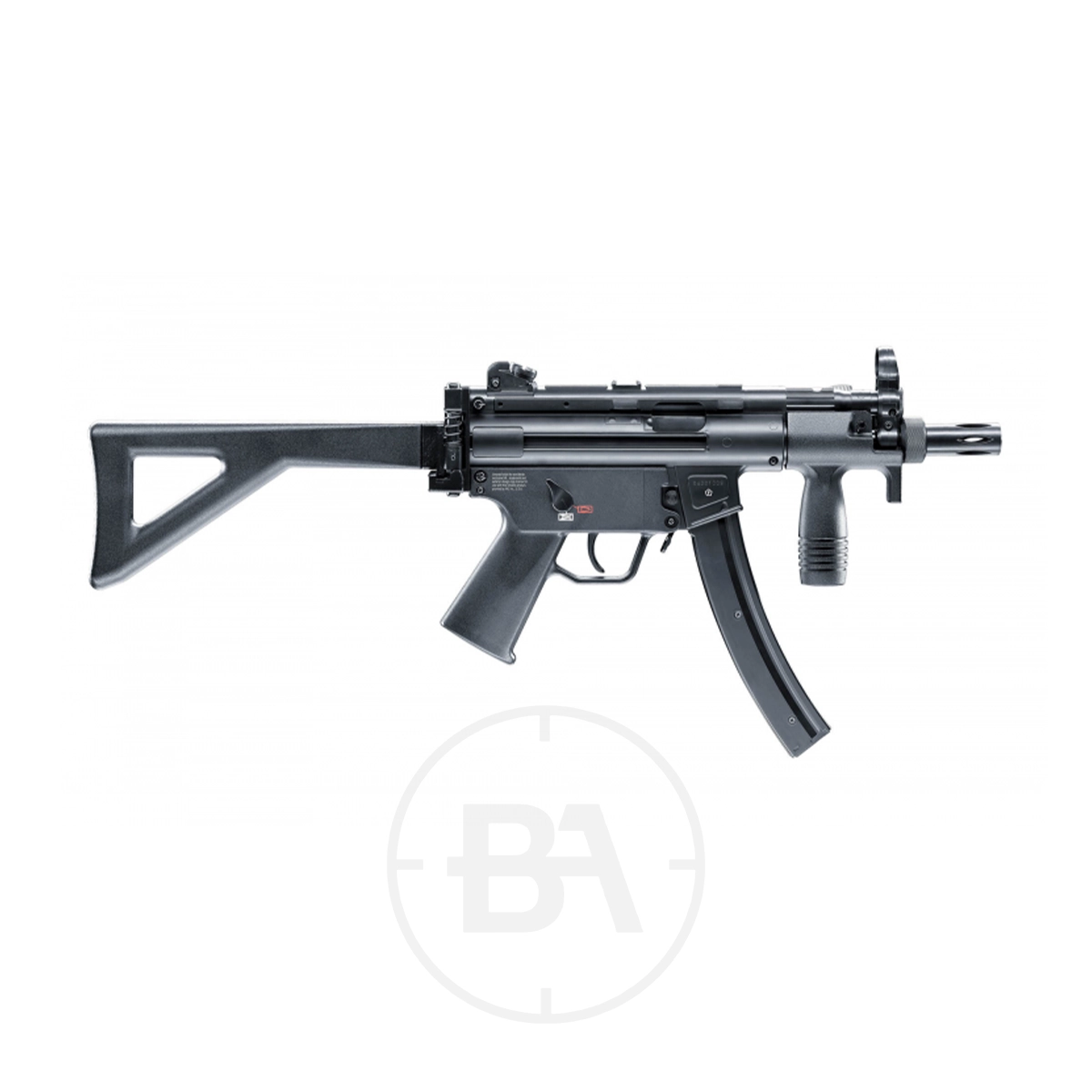 Heckler & Koch MP5 K-PDW C02 BB Air Rifle 1 The Heckler & Koch MP5 CO2 Air Rifle, shown in black with a folding stock and vertical foregrip, is displayed in side profile against a white background.