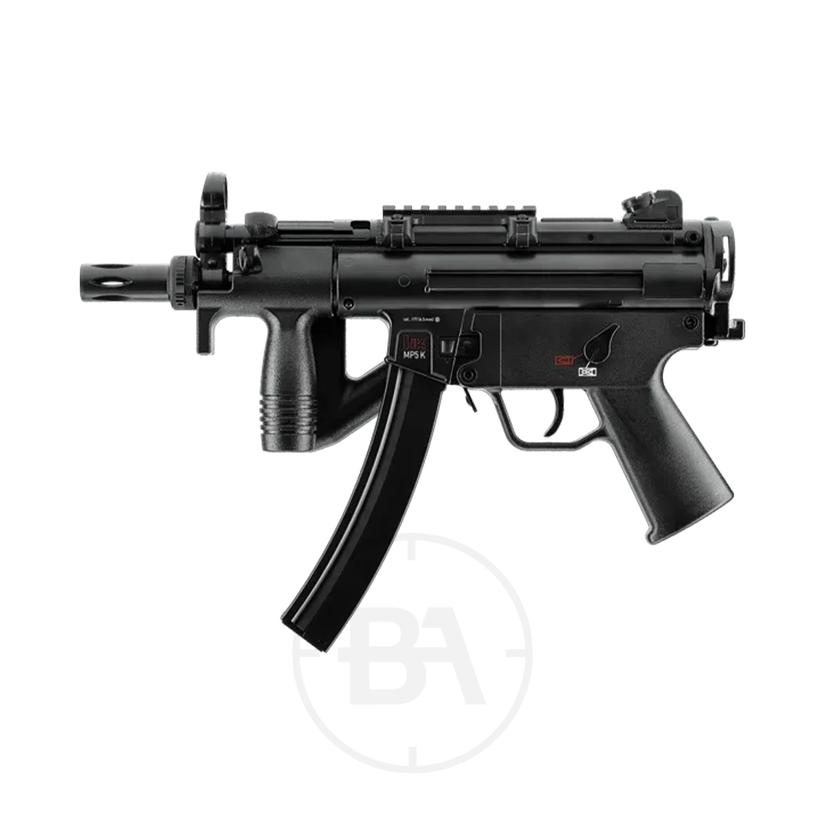 Heckler & Koch MP5 K-PDW C02 BB Air Rifle 5 The Heckler & Koch MP5 CO2 Air Rifle in black features a vertical foregrip, curved magazine, and compact profile, displayed against a white background.