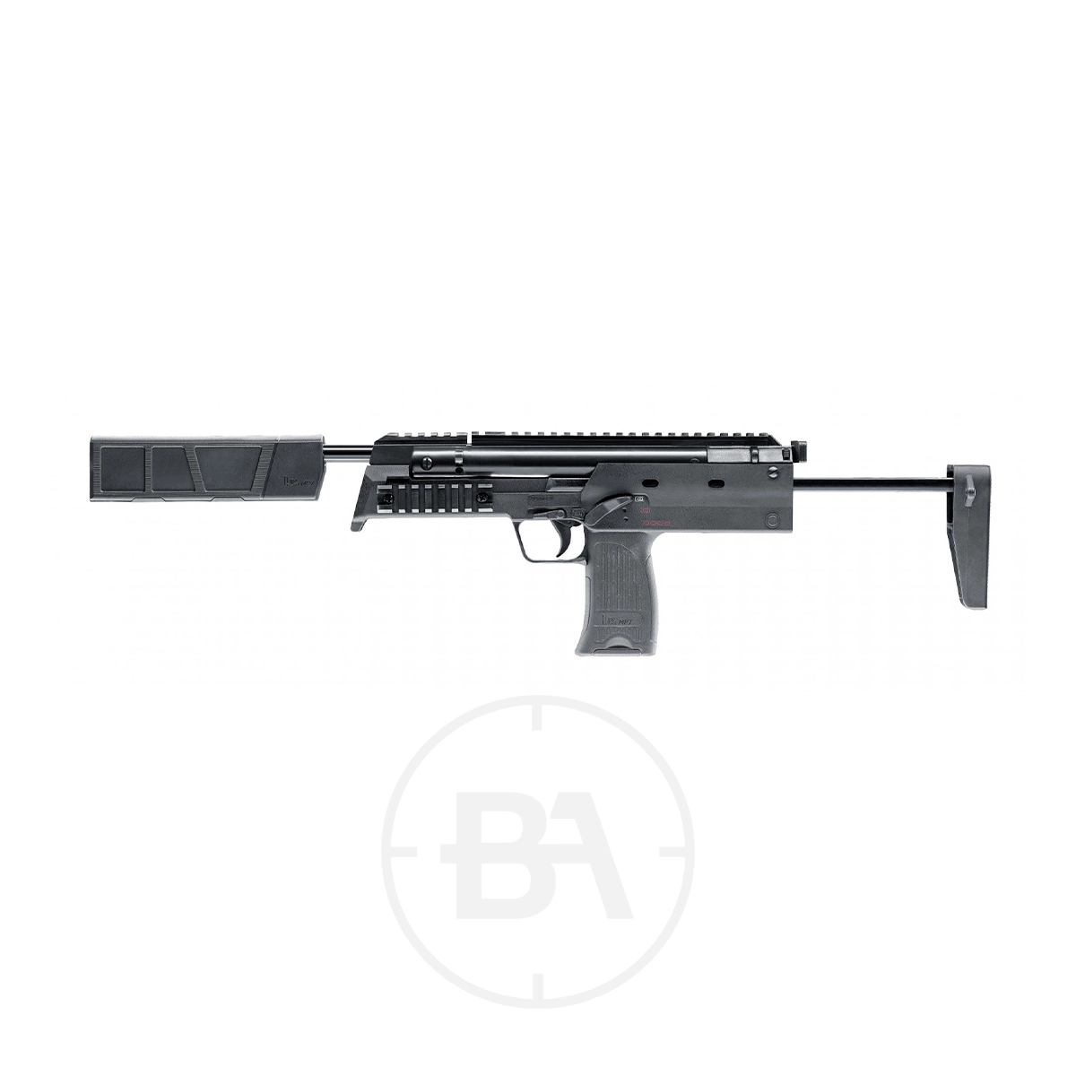 Heckler & Koch MP7A1 SD Spring Air Rifle 3 The Umarex Heckler & Koch MP7 Spring Air Rifle, a compact black submachine gun-style air rifle with a suppressor, extended stock, and rail system, is shown on a plain white background.