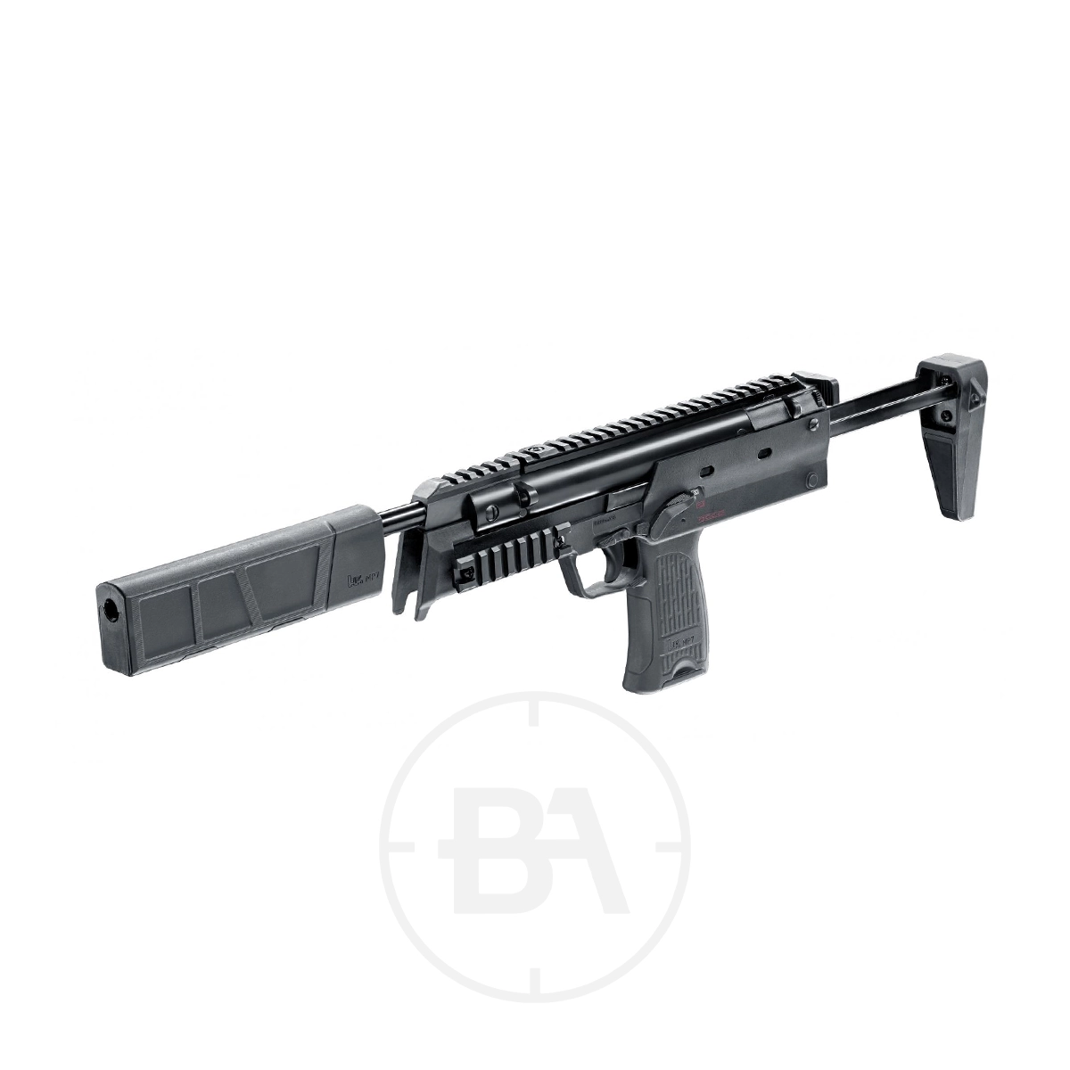 Heckler & Koch MP7A1 SD Spring Air Rifle 5 The Umarex Heckler & Koch MP7 Spring Air Rifle, a compact black bullpup-style airgun with a rail system, suppressor, and adjustable stock, is shown on a white background.