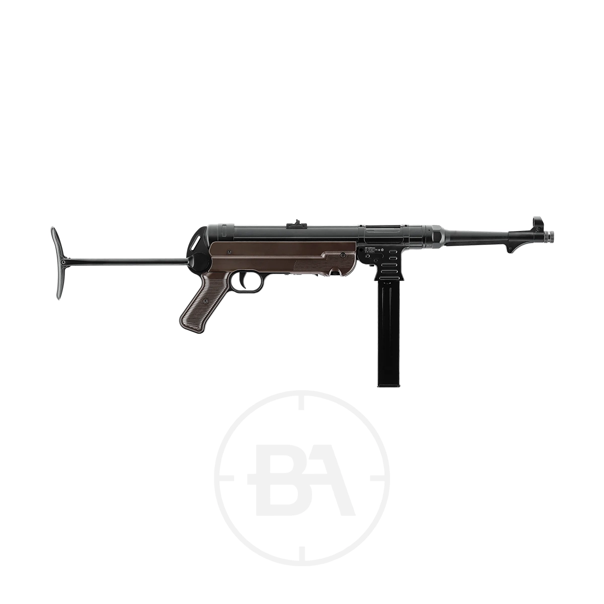 Umarex Legends MP German C02 BB Air Rifle 1 A black and brown Umarex Legends MP German CO2 BB Air Rifle with an extended folding metal stock, displayed on a white background.