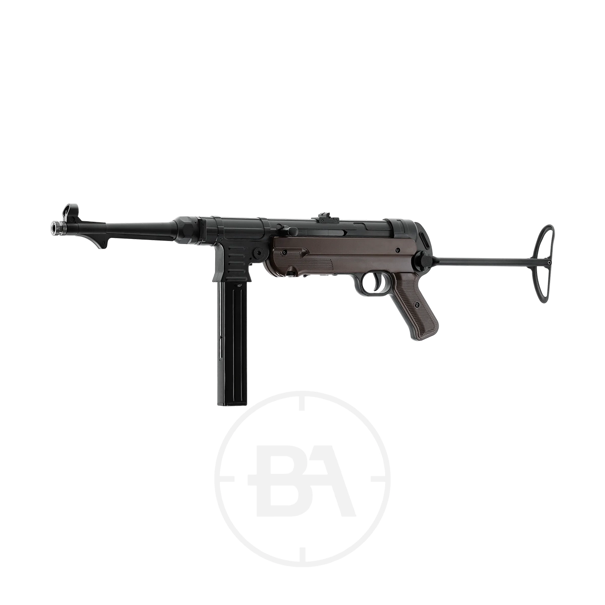 Umarex Legends MP German C02 BB Air Rifle 3 The Umarex Legends MP German CO2 BB Air Rifle features a black and brown finish, a folded metal stock, and is shown from the side on a white background. Ideal for realistic training and target shooting.