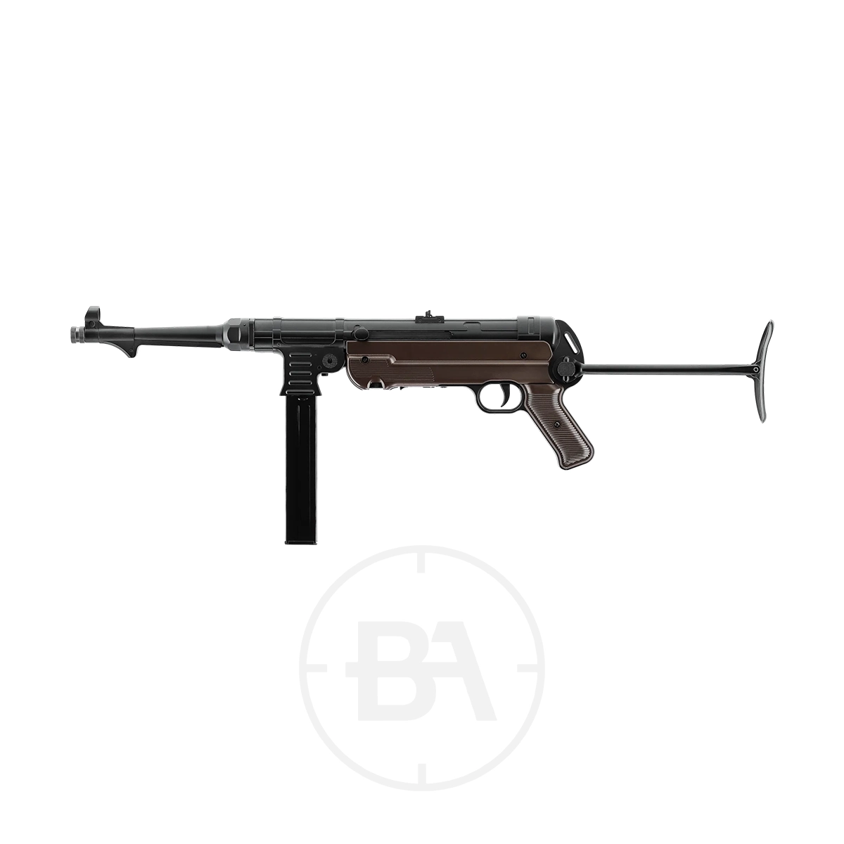 Umarex Legends MP German C02 BB Air Rifle 5 The Umarex Legends MP German CO2 BB Air Rifle features a black and brown finish, extended magazine, and folded metal stock, displayed against a plain white background.
