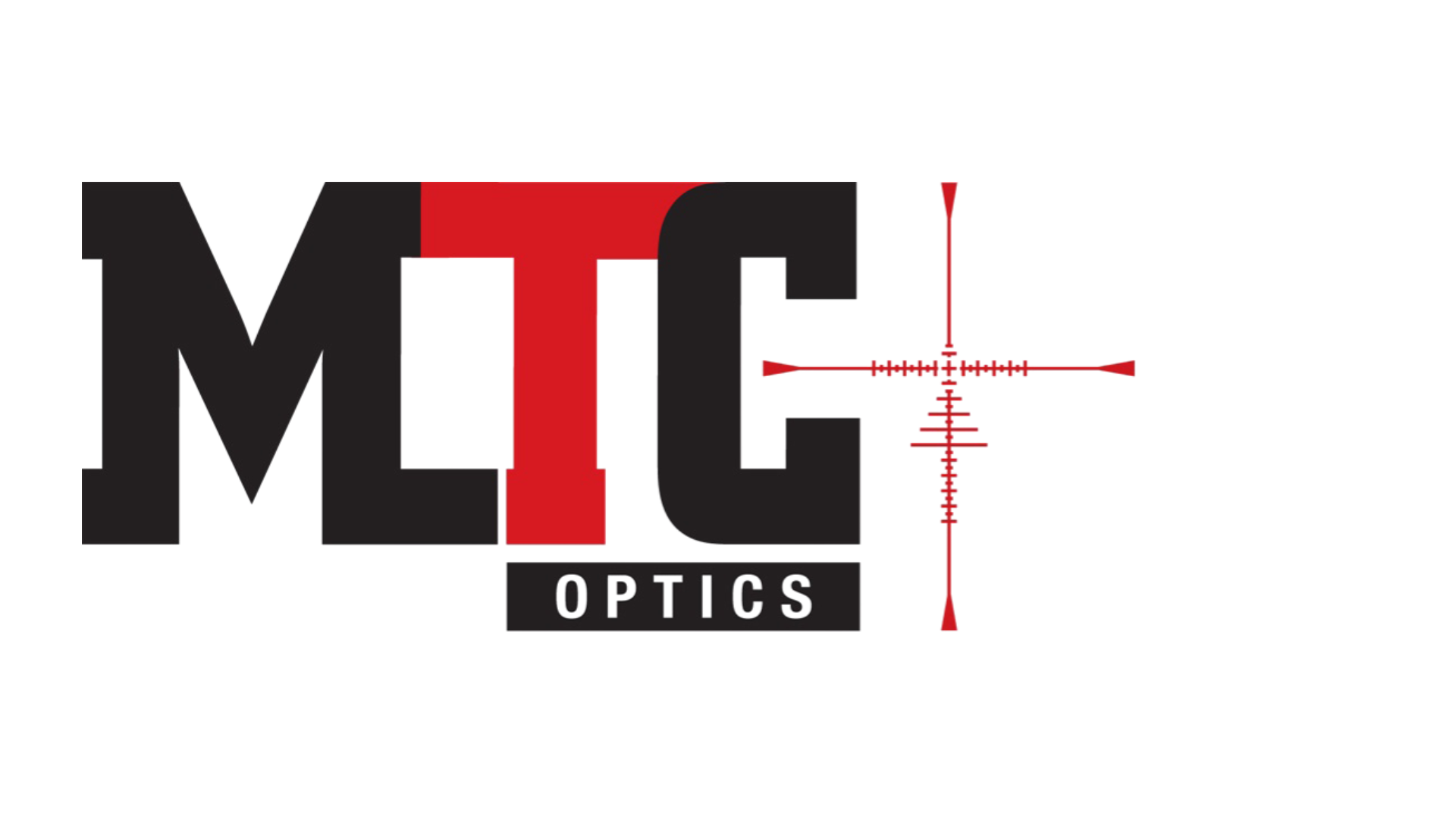 MTC Optics logo with bold black and red letters; a red reticle crosshair replaces the letter "I," and "OPTICS" appears below.