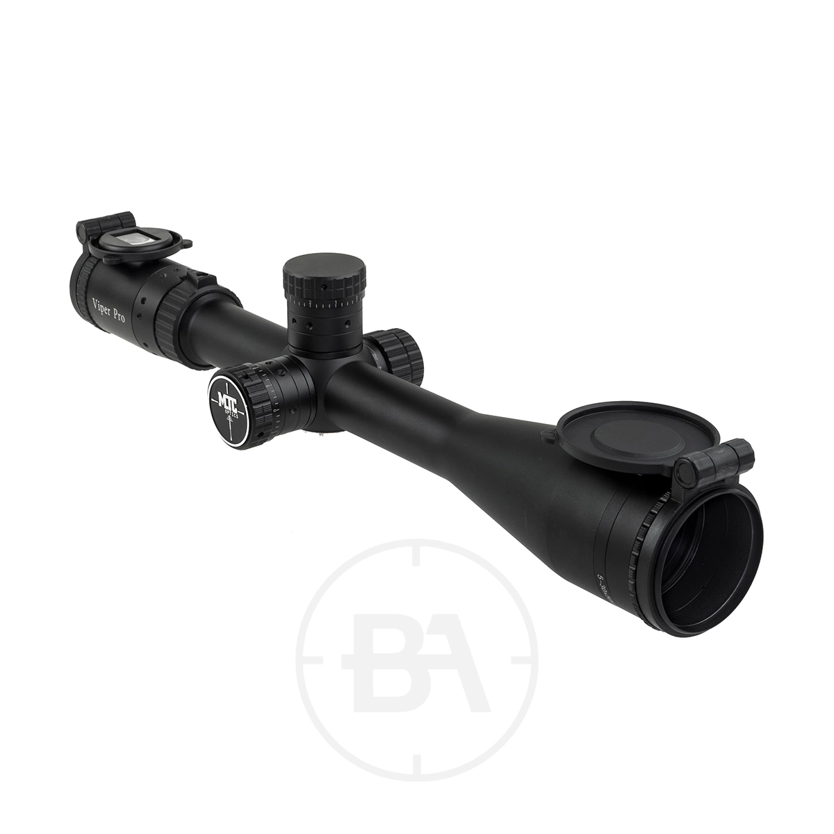 MTC Optics Viper Pro 5-30x50 1 The MTC Optics Viper Pro 5-30x50 rifle scope in black features flip-up lens covers, adjustment dials, and brand markings, shown on a white background.