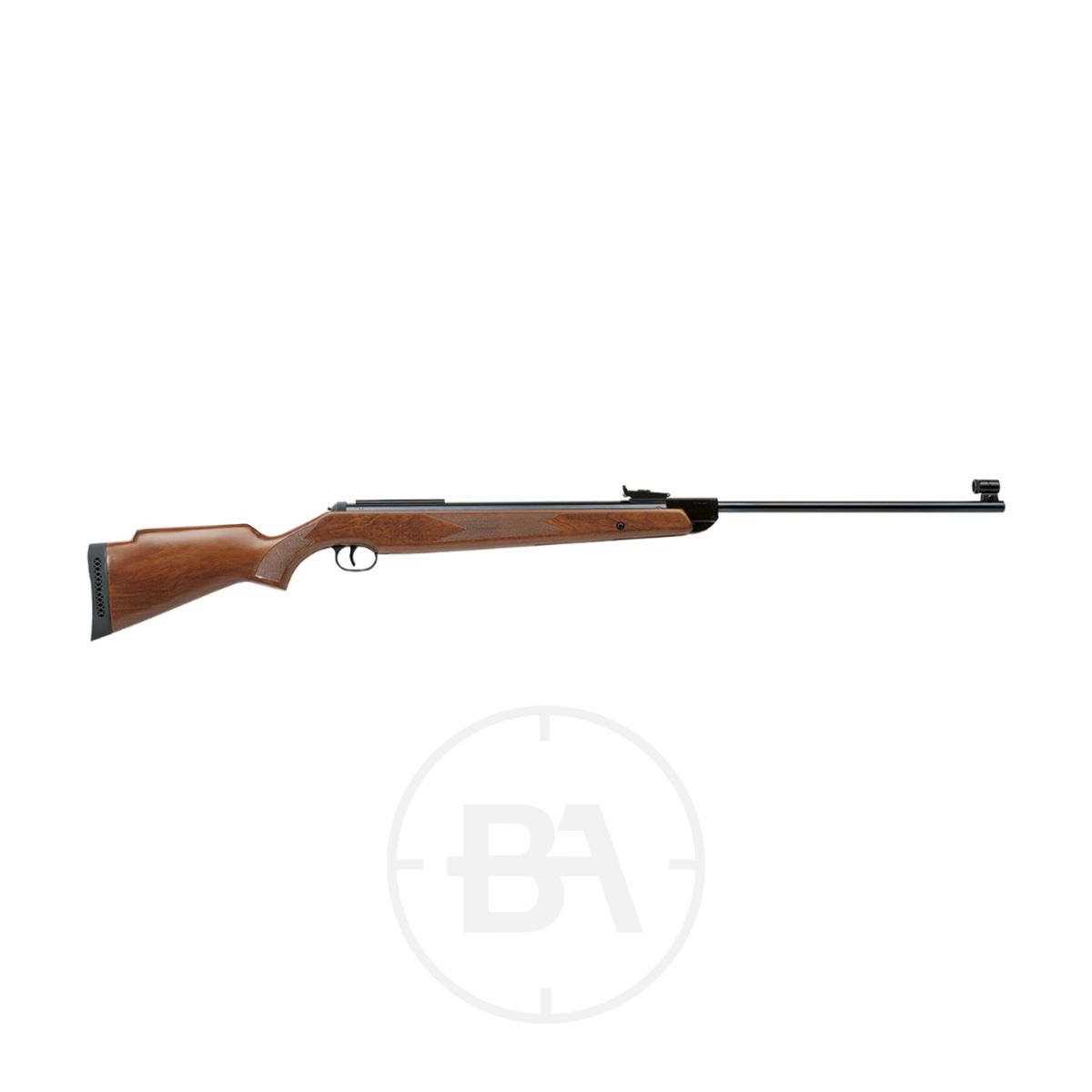 Diana 350 Magnum Premium Spring Air Rifle 1 Side view of the Diana 350 Magnum Premium Spring Air Rifle with a wooden stock and black barrel, set against a plain white background.