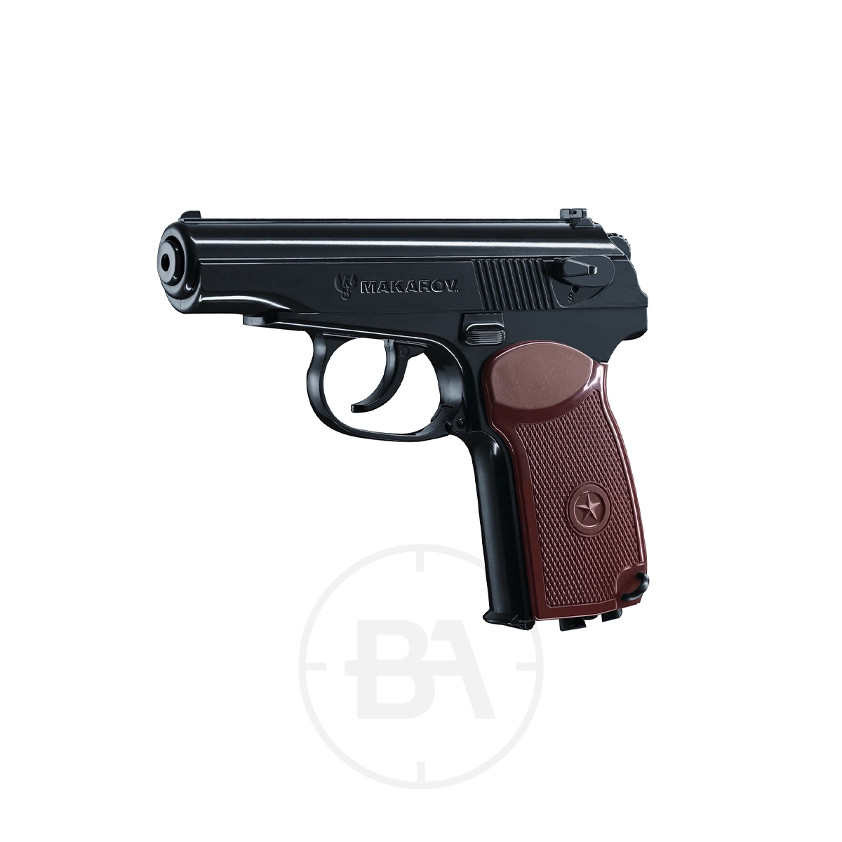 Umarex Legends Makarov CO2 BB Pistol 3 The Umarex Legends Makarov CO2 BB Pistol, featuring a black finish and brown grip, is displayed from the side on a white background.
