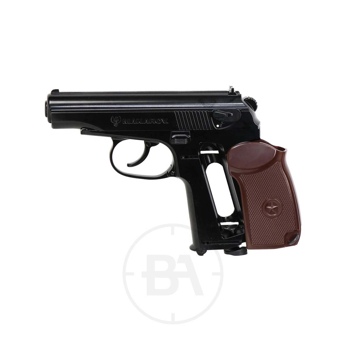 Umarex Legends Makarov CO2 BB Pistol 5 A black Umarex Legends Makarov CO2 BB Pistol with a brown textured grip is shown from the left side on a white background.