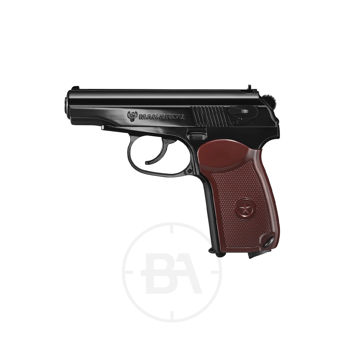 Umarex Legends Makarov CO2 BB Pistol 1 A black Umarex Legends Makarov CO2 BB Pistol with a brown textured grip is displayed in profile on a white background.