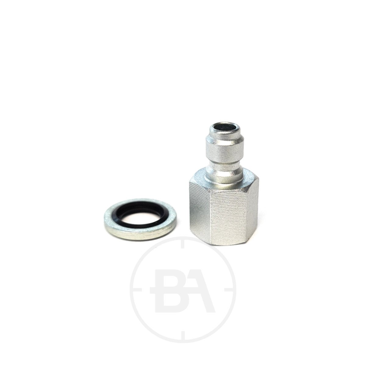 Quick Coupler Male Plug - 1/8 Thread To Snap On Connector PCP Air Rifles 1 The Quick Coupler Male Plug (1/8 Thread to Snap-On Connector) for PCP air rifles includes a washer with a black inner ring, shown on a white background.