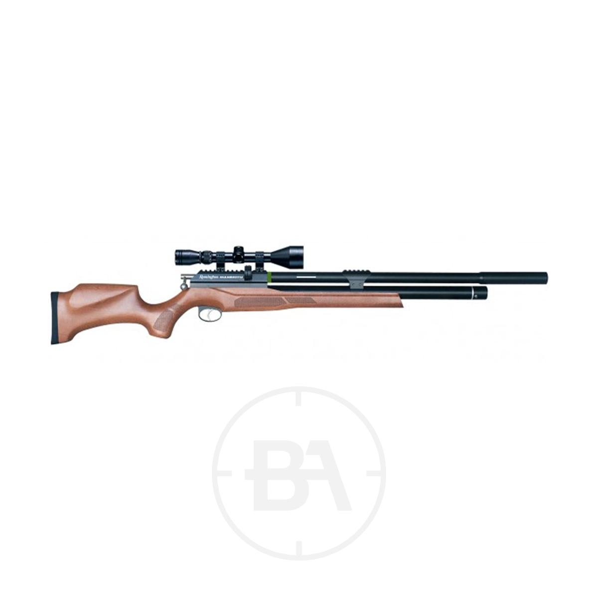 Remington Mammoth PCP Air Rifle With Scope 1 A side view of the Remington Mammoth PCP Air Rifle With Scope, featuring a wooden stock and mounted scope, set against a white background.