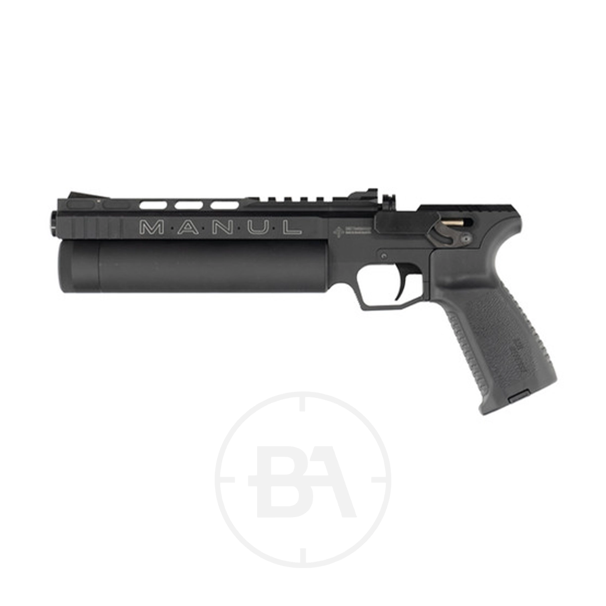 Airgun Technology (AGT) Manul PCP Pistol 1 The Airgun Technology (AGT) Manul PCP Pistol is a compact black airgun with a thick cylindrical barrel, pistol grip, and "AGT Manul" engraved on the top rail, shown against a white background.
