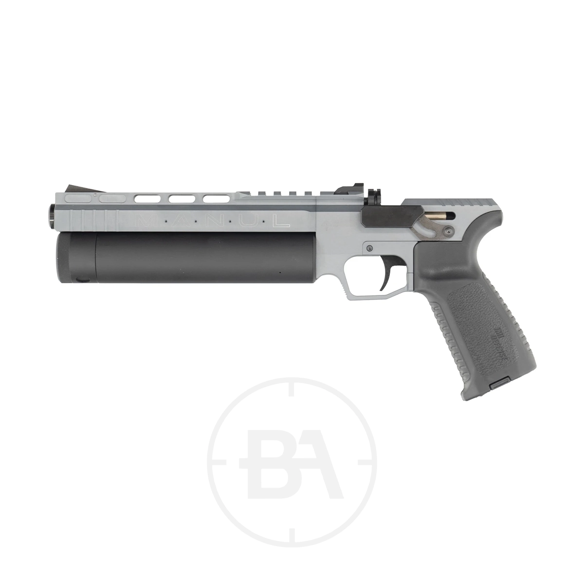 Airgun Technology (AGT) Manul PCP Pistol 3 The Airgun Technology (AGT) Manul PCP Pistol, shown against a white background, features a silver and black finish, vented top rail, large cylindrical chamber, and textured grip.
