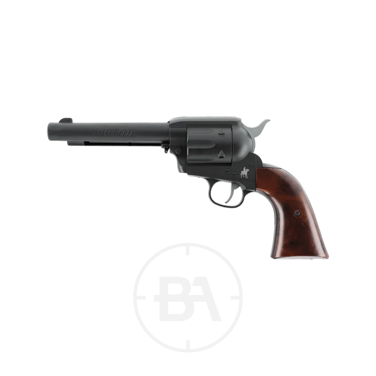 Marlin Revolver CO2 BB Pistol 1 The Marlin Revolver CO2 BB Pistol features a classic black finish, short barrel, and polished brown wooden grip, shown against a plain white background.