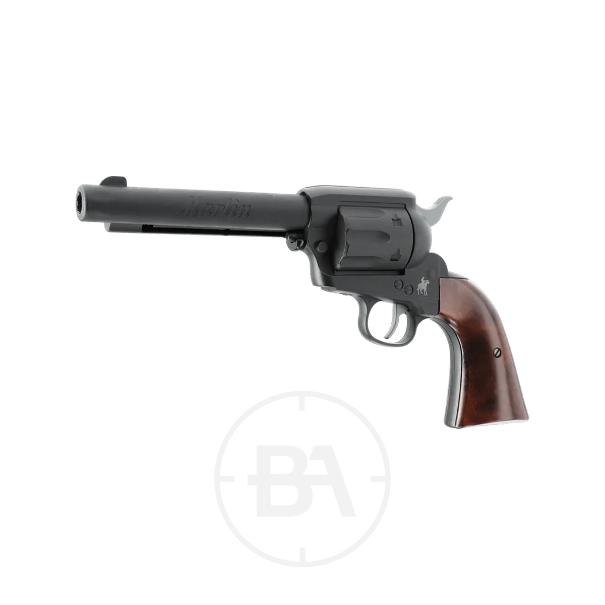 Marlin Revolver CO2 BB Pistol 3 The Marlin Revolver CO2 BB Pistol, featuring a long barrel and a brown wooden grip, is shown on a white background with a classic style.