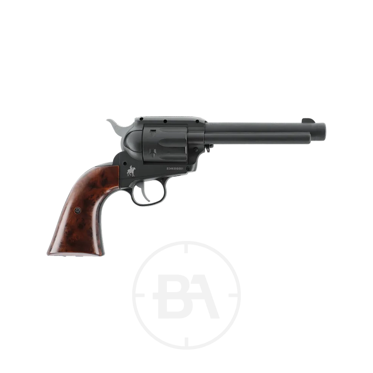 Marlin Revolver CO2 BB Pistol 5 The Marlin Revolver CO2 BB Pistol features a single-action design with a dark barrel and cylinder, brown wood-textured grip, and is displayed on a white background for a classic yet modern look.