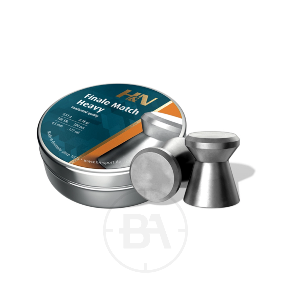 H&N Finale Match Heavy .177 8.18gr (x500) 1 A tin labeled "H&N Finale Match Heavy .177 (8.18gr)" is displayed with two silver air gun pellets outside the container.