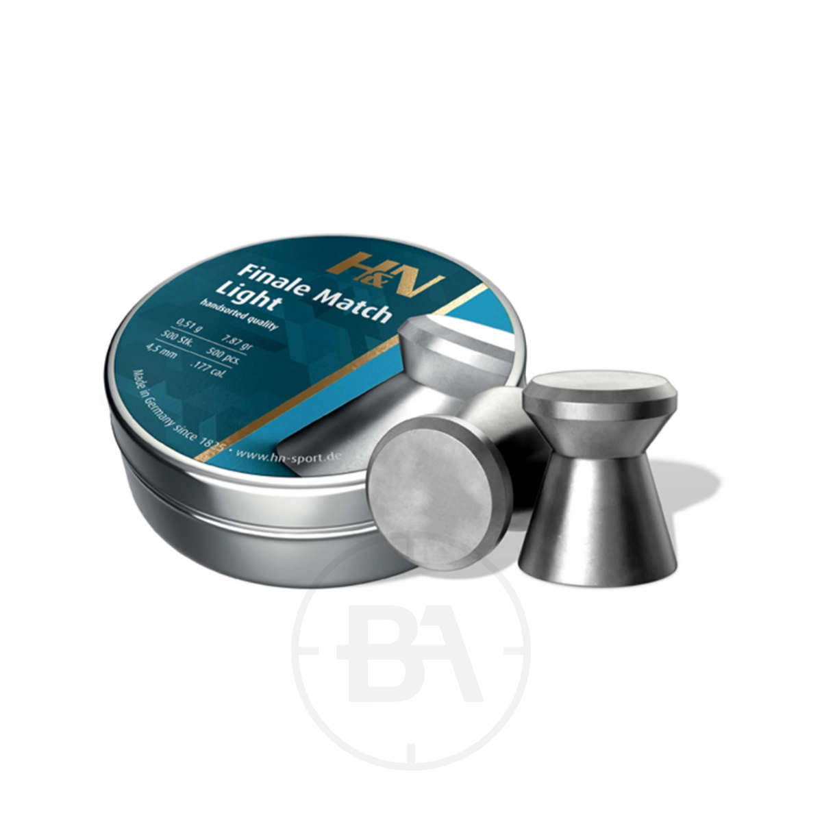 H&N Finale Match Light .177 7.87gr (x500) 1 A tin of H&N Finale Match Light airgun pellets and two silver pellets are shown on a white background.