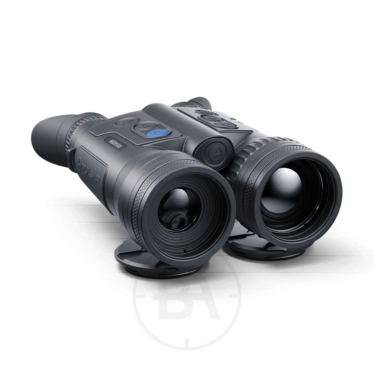 Pulsar Merger LRF XL50 Thermal Imaging Binoculars 1 A pair of Pulsar Merger LRF XL50 Thermal Imaging Binoculars with large lenses, top-mounted control buttons, and rubber eyepieces is displayed on a white background.