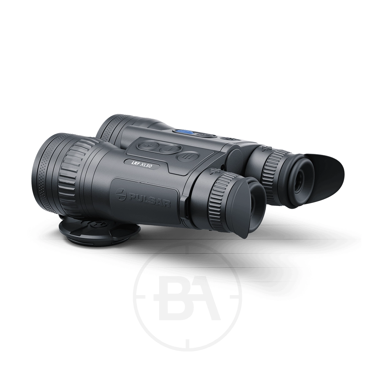 Pulsar Merger LRF XL50 Thermal Imaging Binoculars 3 The Pulsar Merger LRF XL50 Thermal Imaging Binoculars, featuring textured grips, top control buttons, and adjustable eyepieces, rest on a white surface.