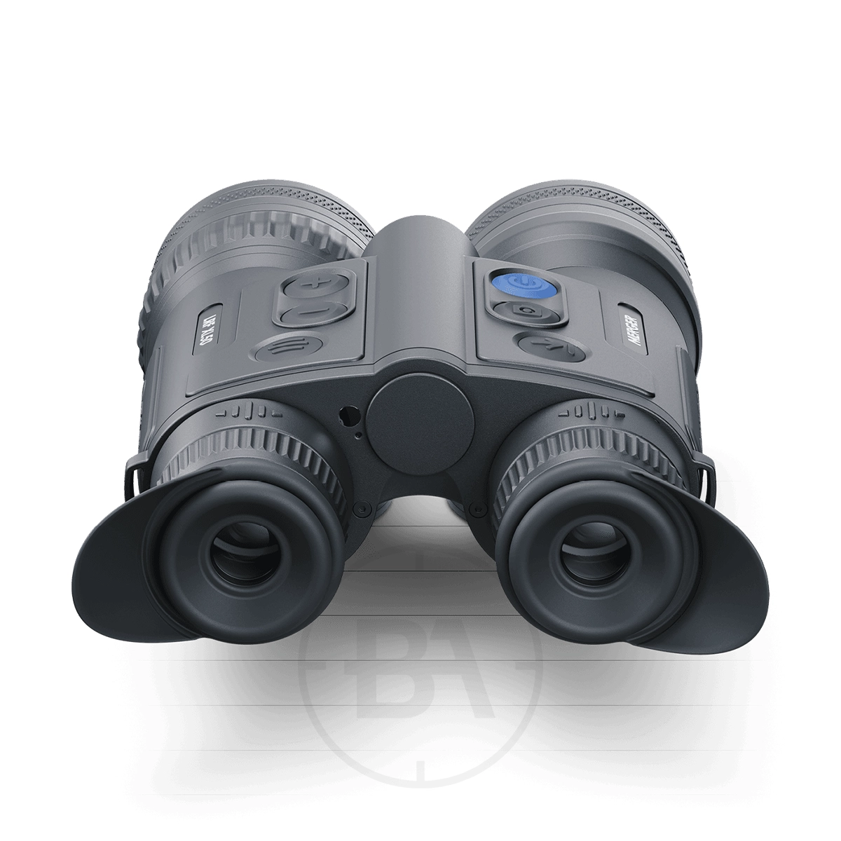 Pulsar Merger LRF XL50 Thermal Imaging Binoculars 5 A close-up of Pulsar Merger LRF XL50 Thermal Imaging Binoculars shows textured grips and multiple top buttons, displayed on a white background.