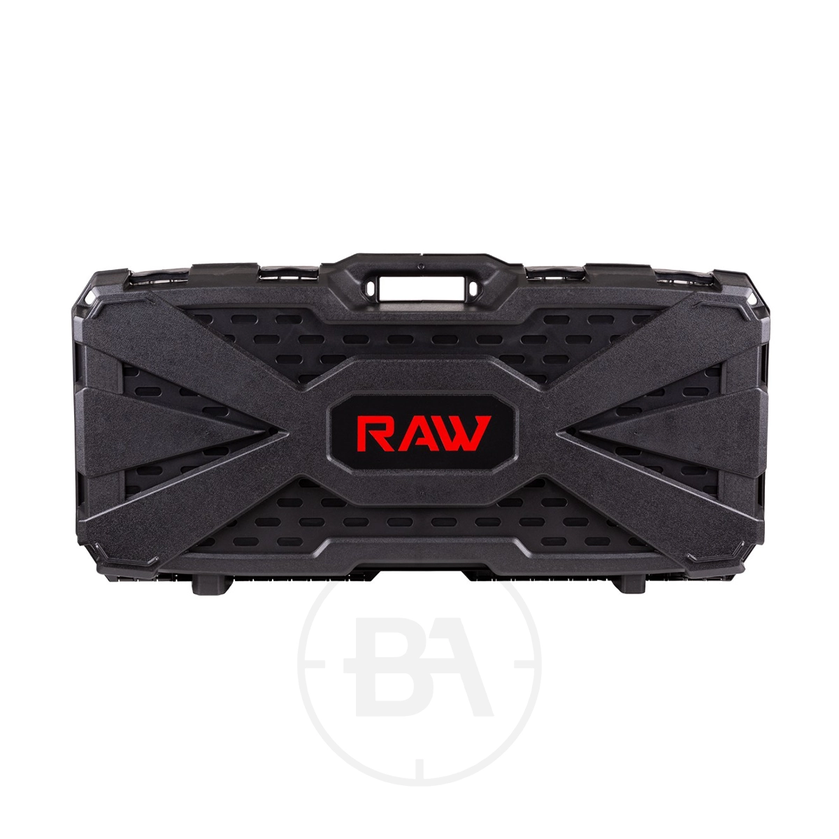 RAW HM1000x Regulated PCP Air Rifle With Hard Case 13 The RAW Micro-Hunter PCP Air Rifle with Hard Case features a black, textured X-design case with a red RAW logo—ideal for storing your rifle or Micro-Hunter, displayed on a white background.
