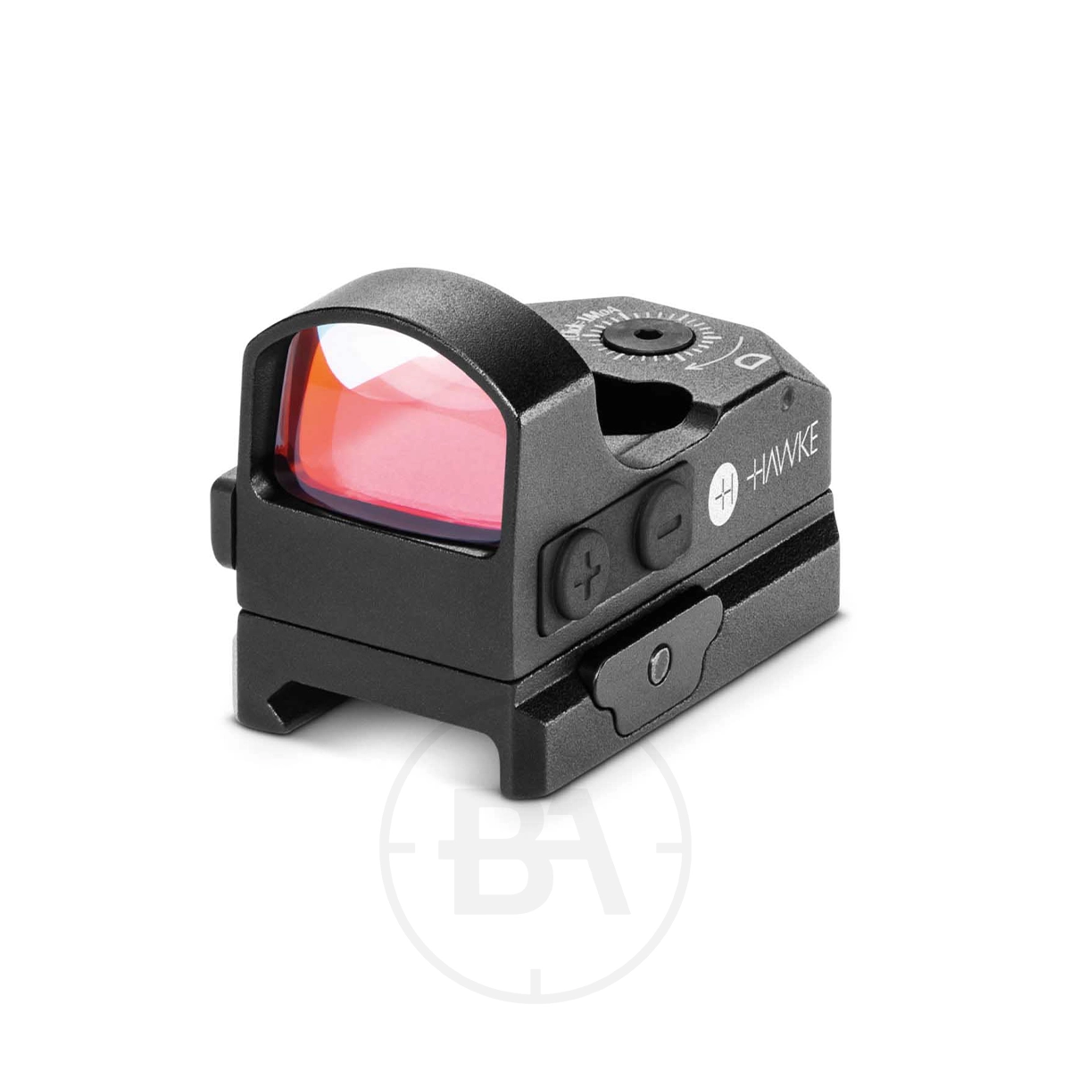 Hawke Micro Reflex Dot 3 MOA With Picatinny / Weaver Mounts 1 The Hawke Micro Reflex Dot 3 MOA features a compact black design, control buttons, tinted lens, and mounts on firearms or airguns with Picatinny/Weaver mounts. The “Hawke” brand name appears on the side.