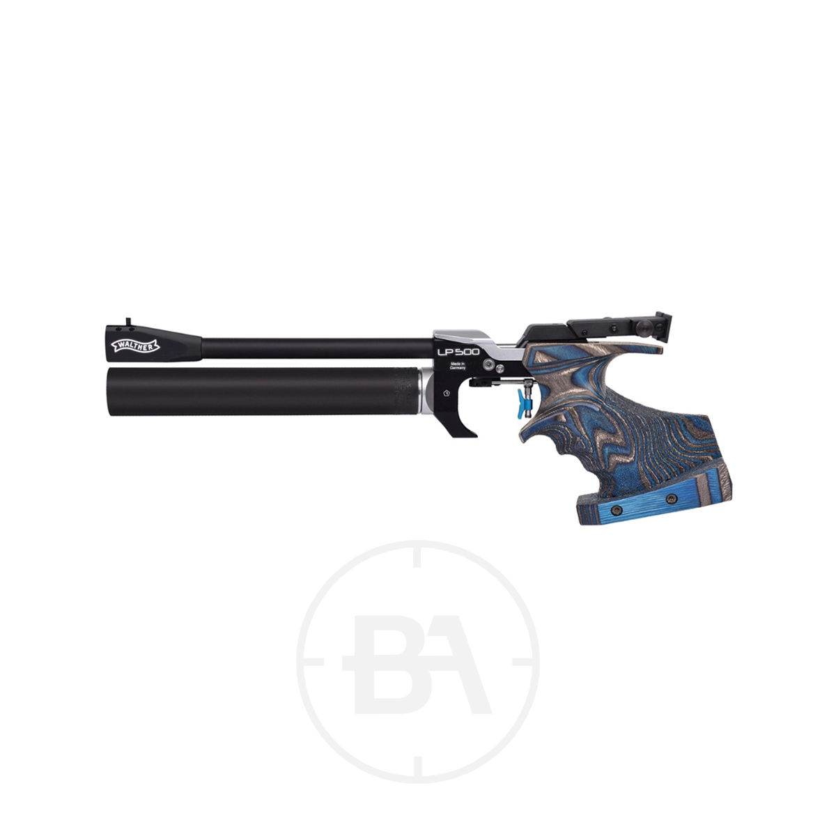 Walther LP500 M Blue Angel Match Target Pistol 1 Side view of a Walther LP500 M Blue Angel Match Target Pistol featuring an ergonomic wood grip and a black compressed air cylinder, shown against a white background.