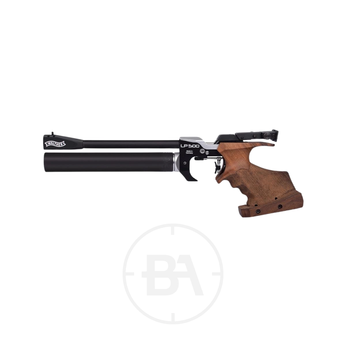 Walther LP500 Walnut Match Target Pistol 1 The Walther LP500 Walnut Match Target Pistol, featuring an ergonomic walnut grip in black and wood finish, is displayed on a white background.