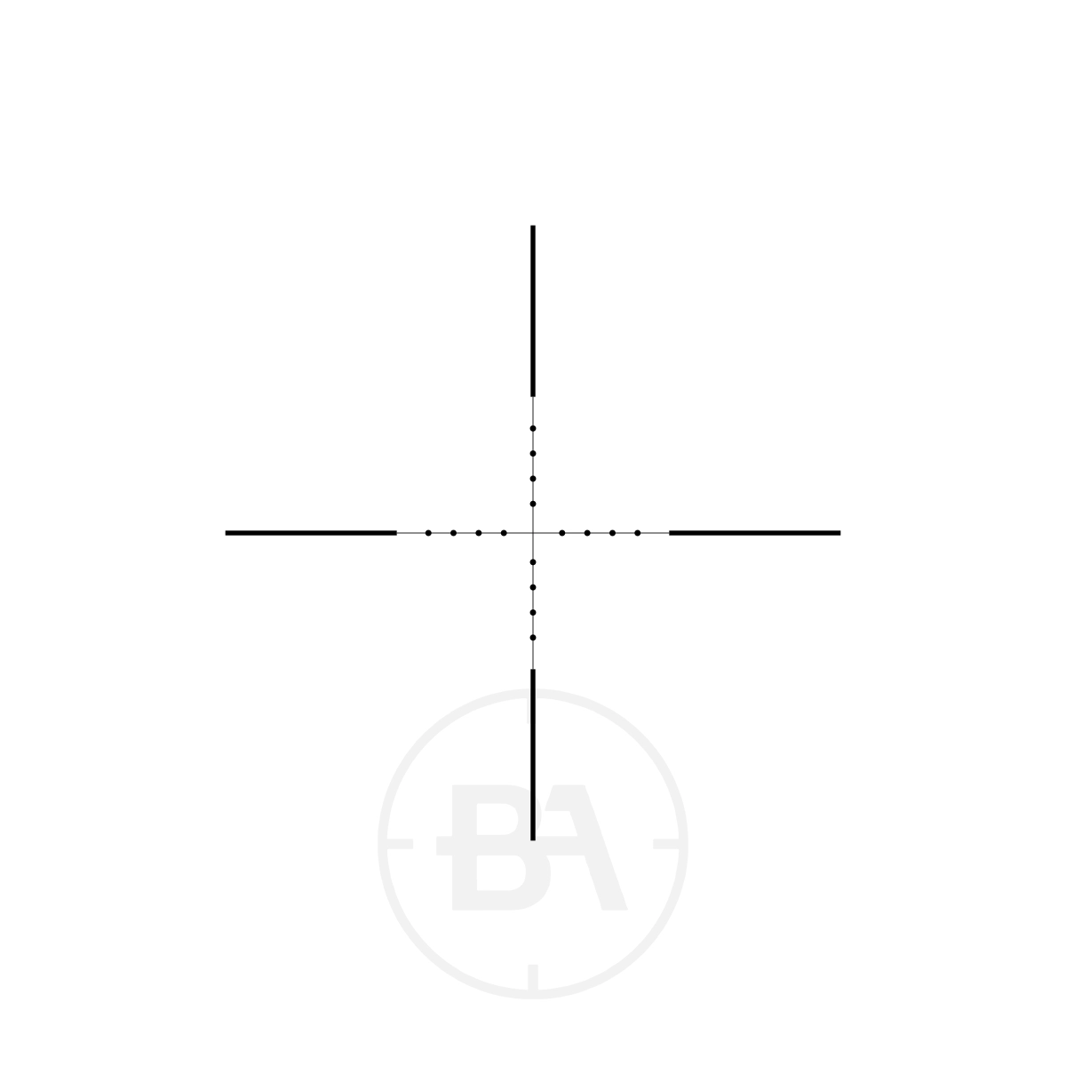 Hawke Fast Mount 3-9 x50 Mil Dot Rifle Scope With Mounts 3 A minimalist crosshair with dotted Mil Dot lines centres this image, featuring a faint "BA" circle below. Inspired by the Hawke Fast Mount 3-9x50 Mil Dot Rifle Scope With Mounts, the background is white.